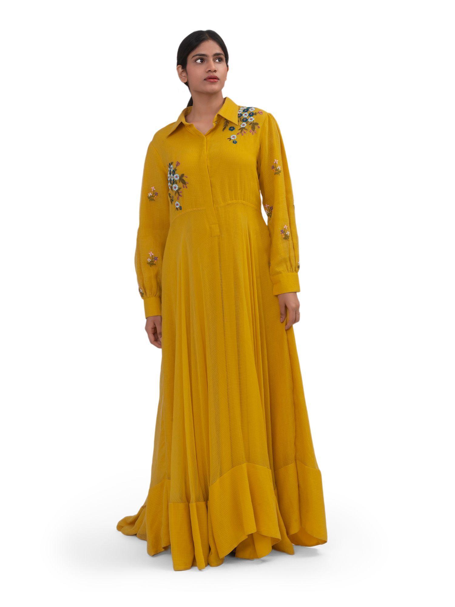 mustard yellow embroidered maxi dress