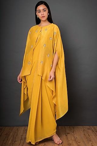 mustard yellow embroidered saree set
