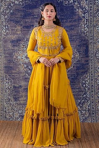 mustard yellow embroidered tiered anarkali with dupatta