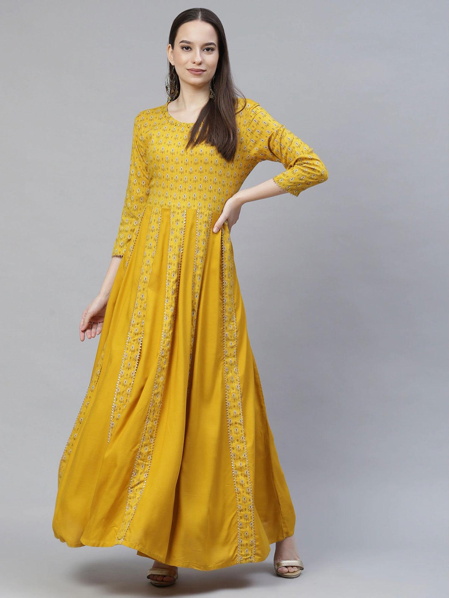 mustard yellow ethnic motifs maxi dress