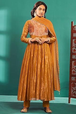 mustard yellow flat silk & chanderi embroidered anarkali set