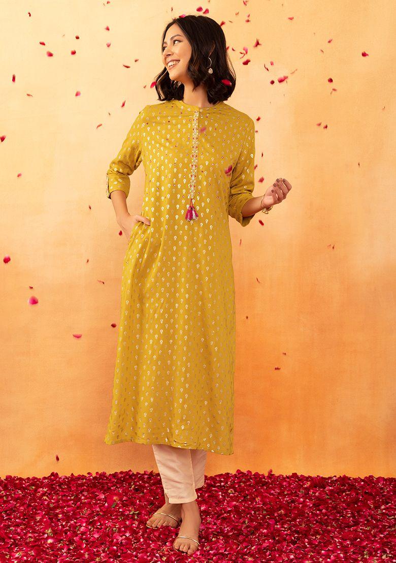 mustard yellow floral foil print embroidered rayon kurta