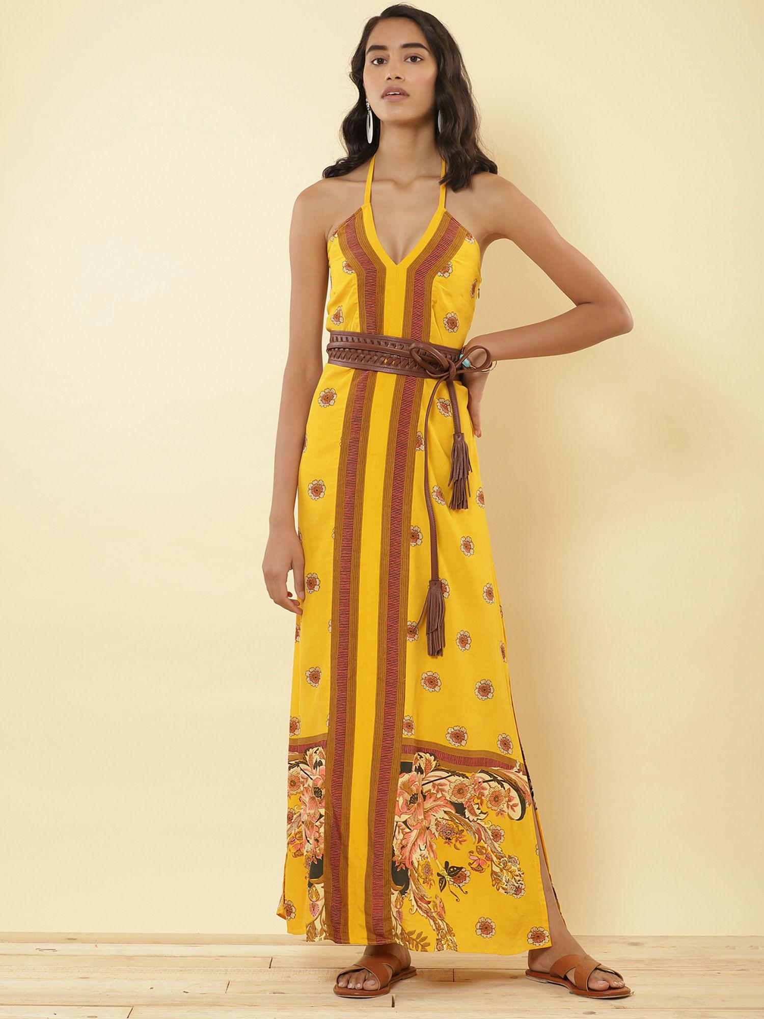 mustard yellow floral print maxi dress