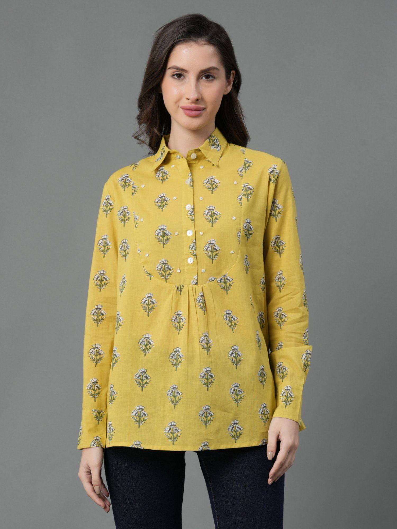 mustard yellow floral print pure cotton womens blouson top