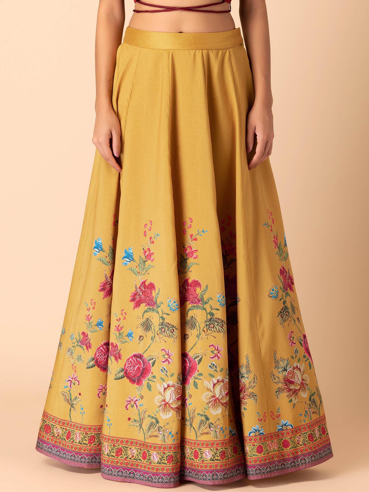 mustard yellow floral print silk lehenga skirt
