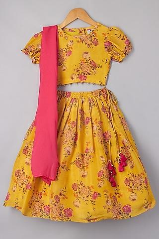 mustard yellow floral printed lehenga set for girls