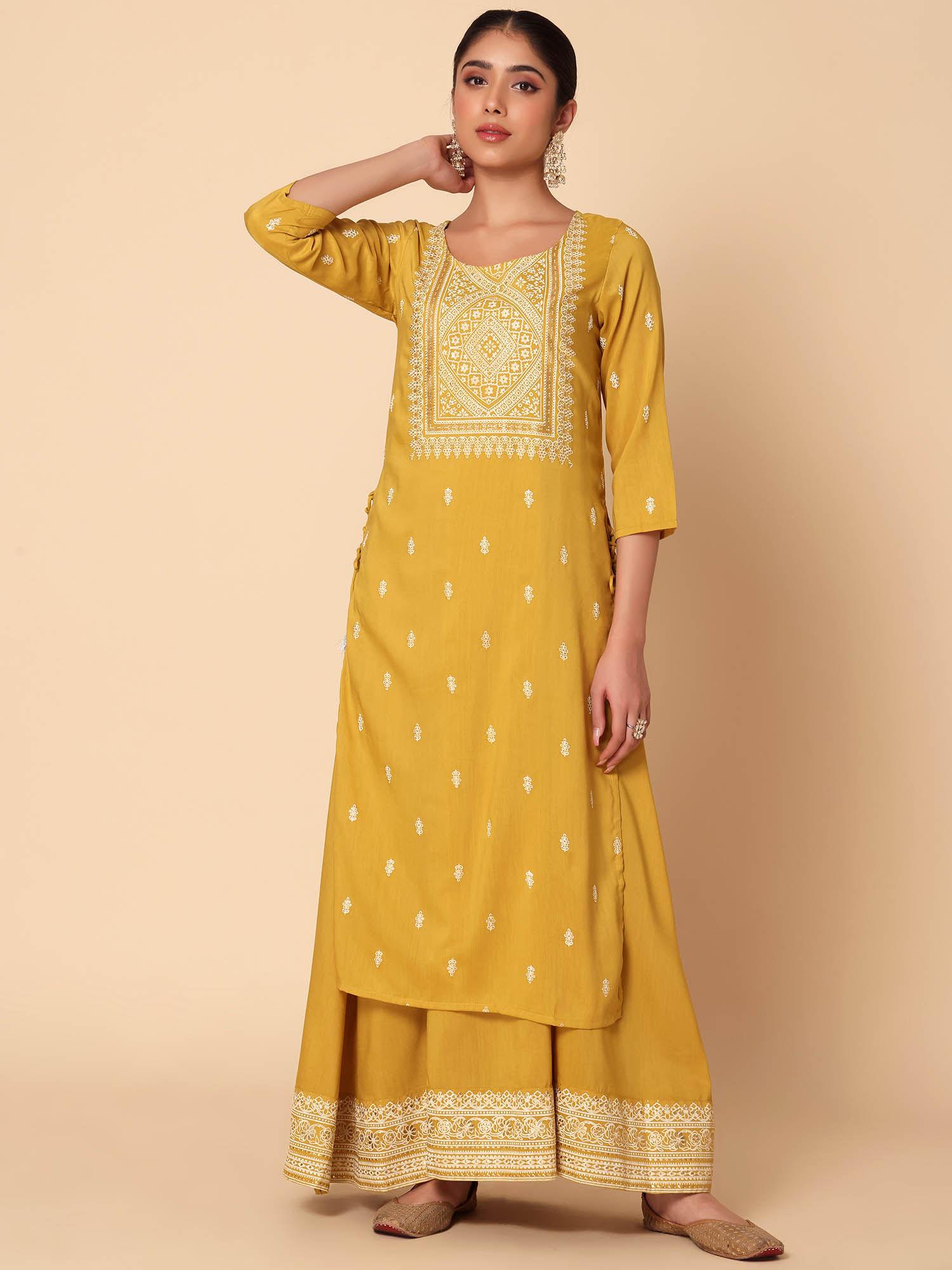 mustard yellow foil print double layered muslin kurta