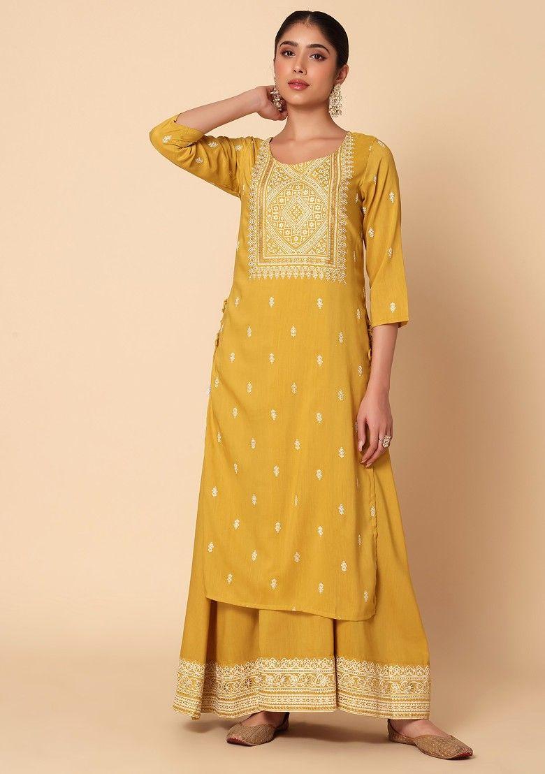 mustard yellow foil print double layered muslin kurta