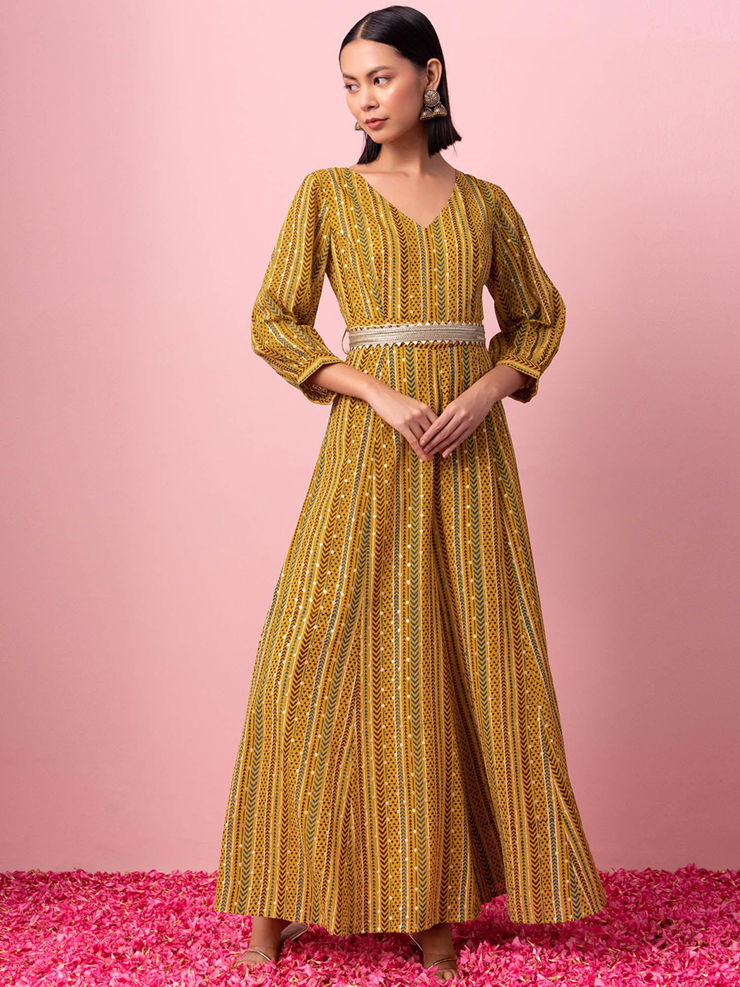 mustard yellow foil print flared jumpsuit with belt (set of 2)