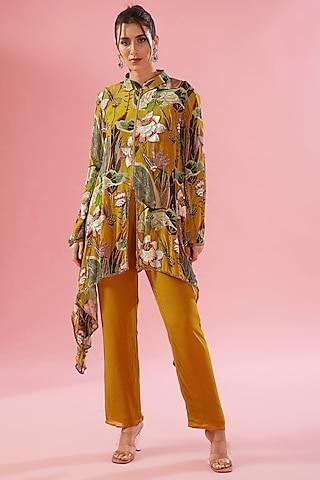 mustard yellow georgette digital printed zipper tunic set