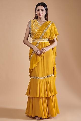 mustard yellow georgette embroidered layered ruffle saree set
