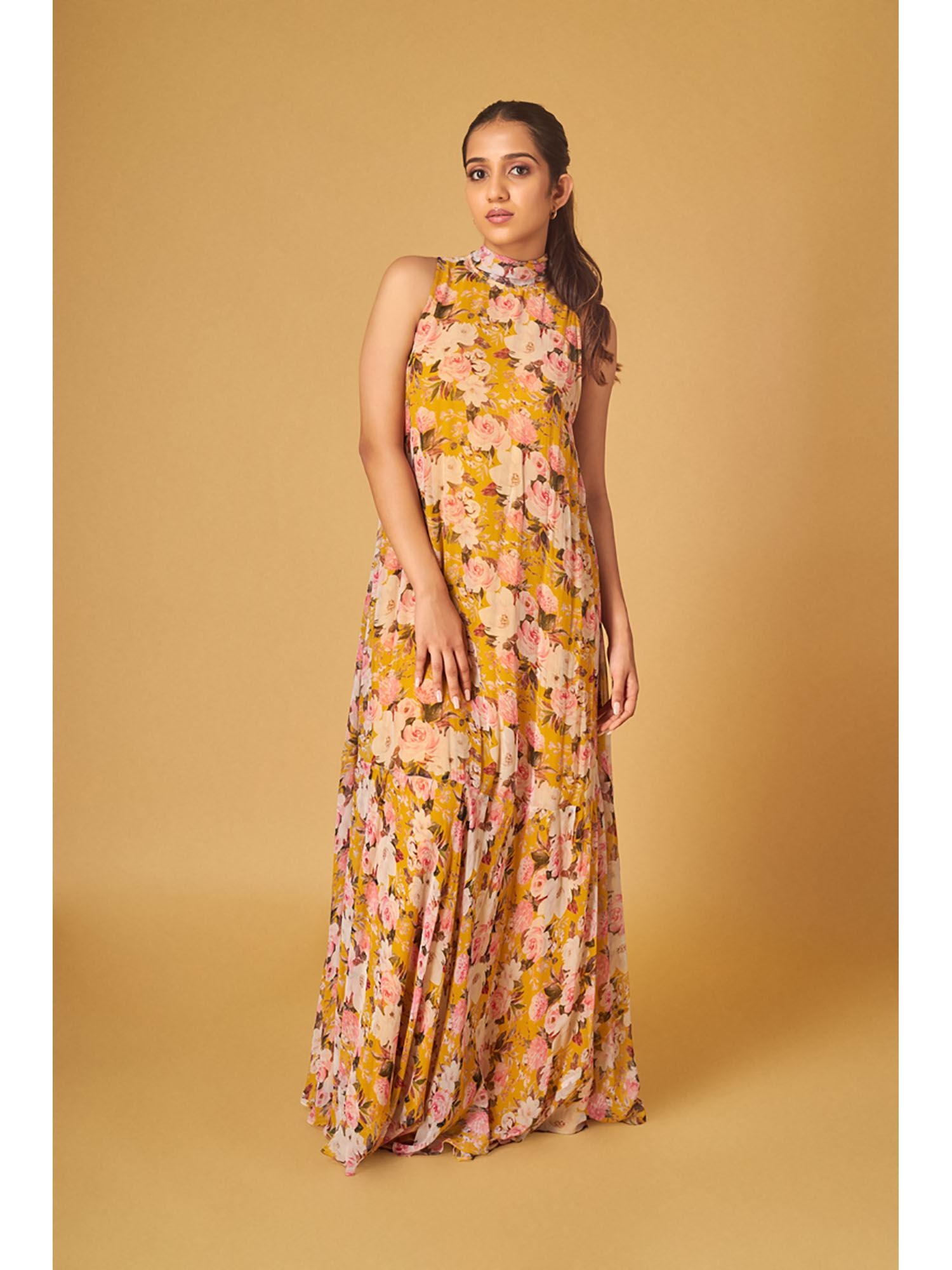 mustard yellow georgette floral halter maxi dress