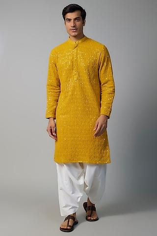 mustard yellow georgette sequins embroidered kurta set