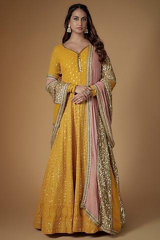 mustard yellow georgette sequins hand embellished gown with dupatta