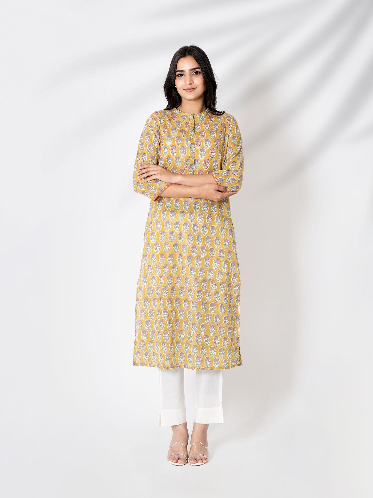 mustard yellow hand block print cotton kurta with pants (set of 2)