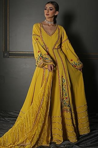 mustard yellow hand embroidered anarkali set