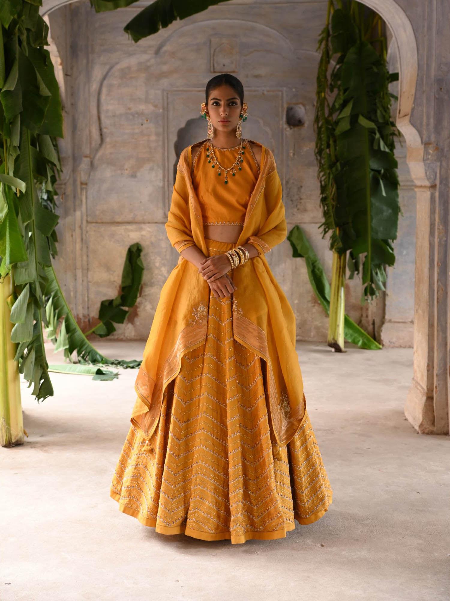 mustard yellow hand embroidered lehenga (set of 3)