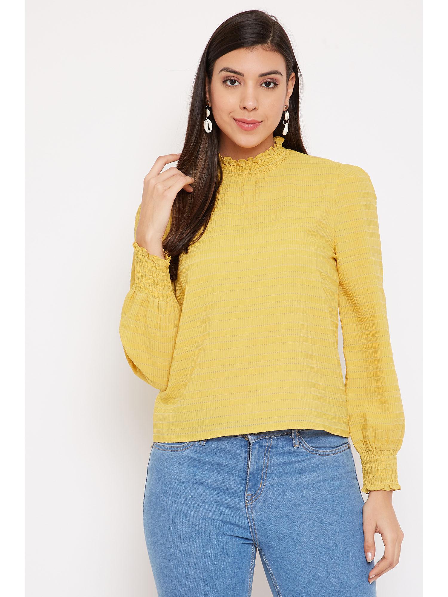 mustard yellow high neck smocked regular top