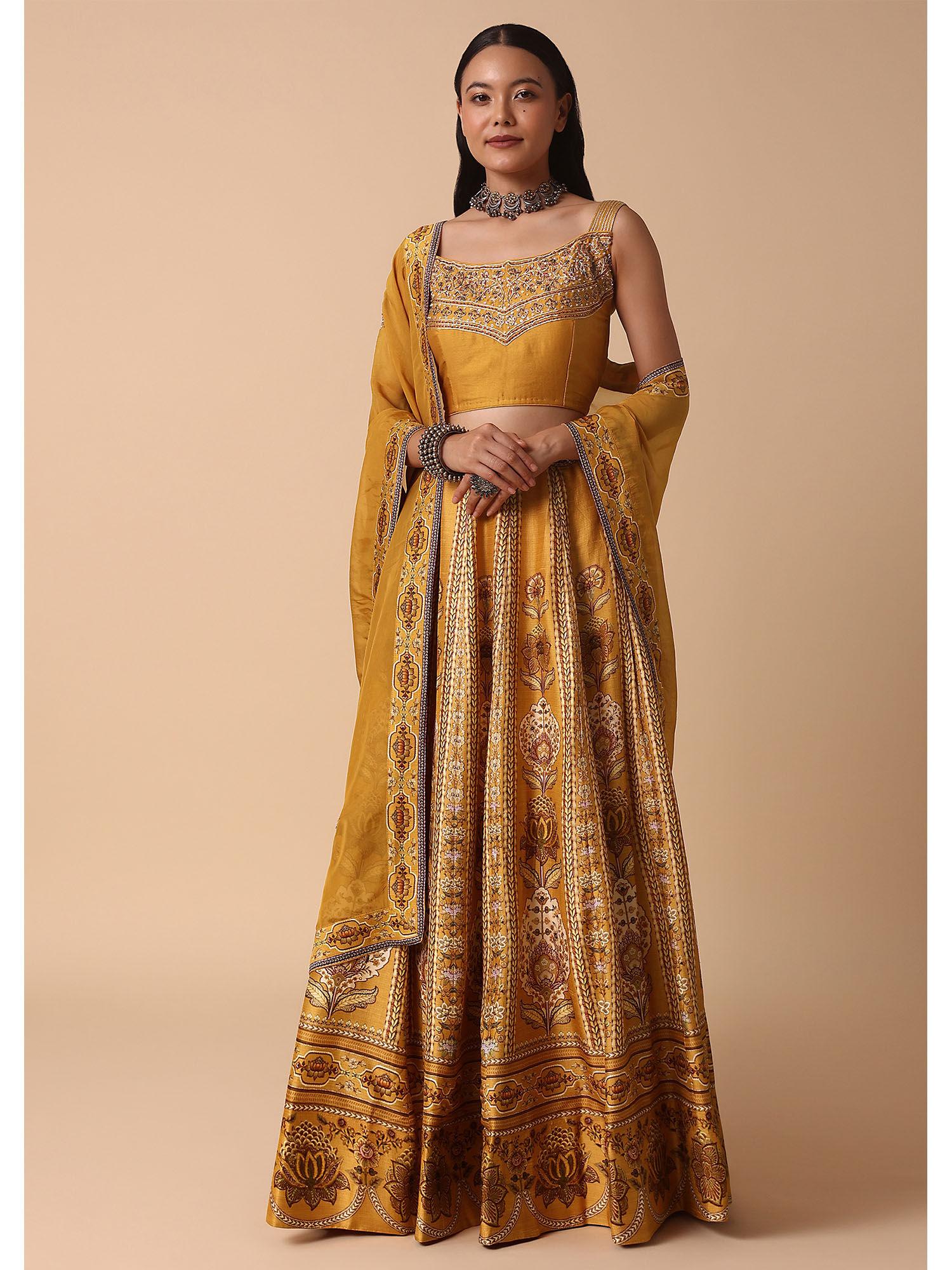 mustard yellow lehenga with embroidered choli and dupatta (set of 3)