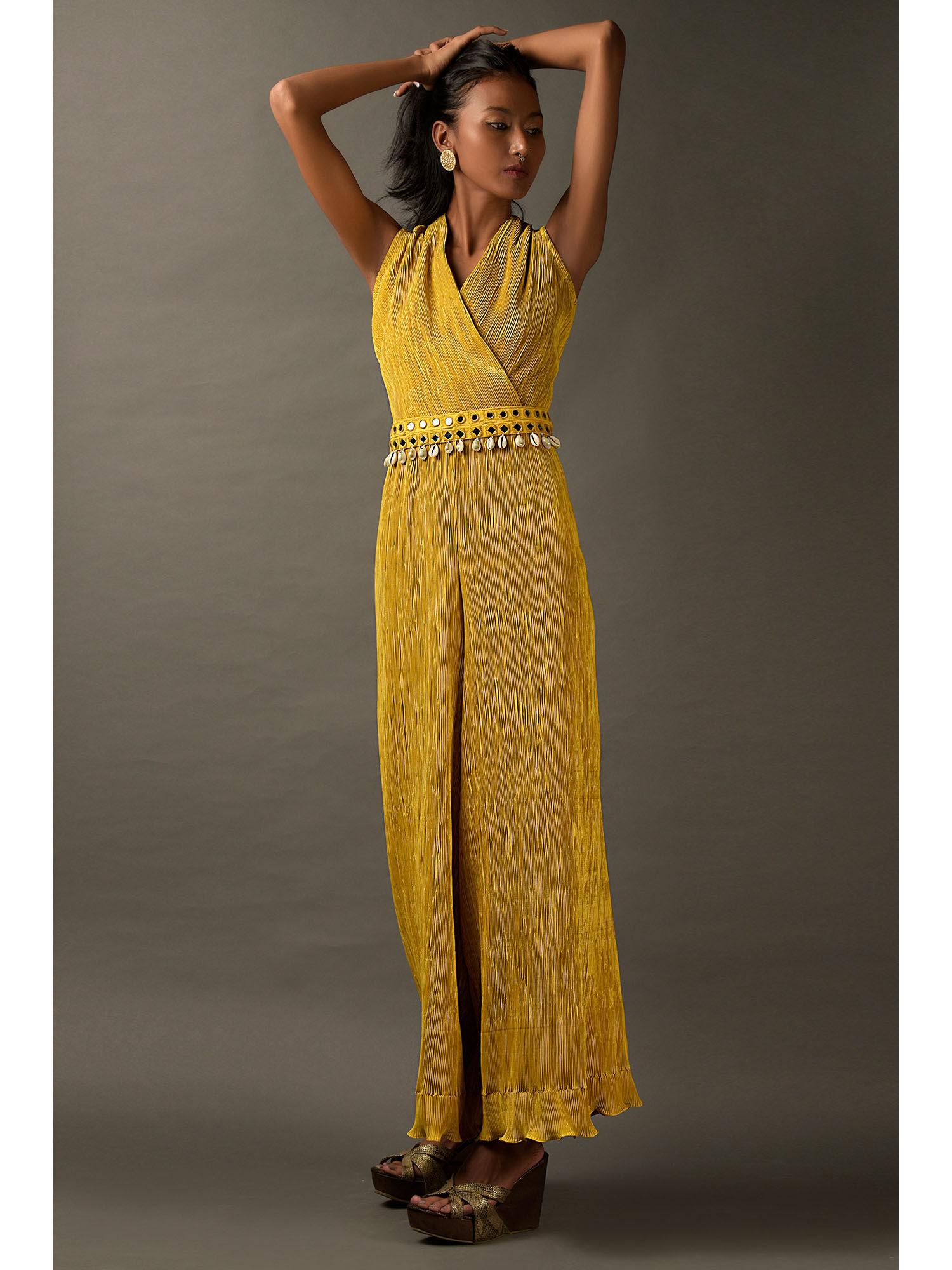 mustard yellow lycra jumpsuit & belt (set of 2)