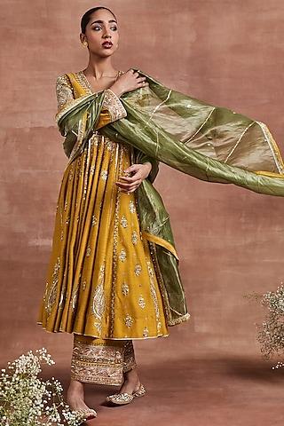 mustard yellow moonga silk hand embroidered angrakha anarkali set