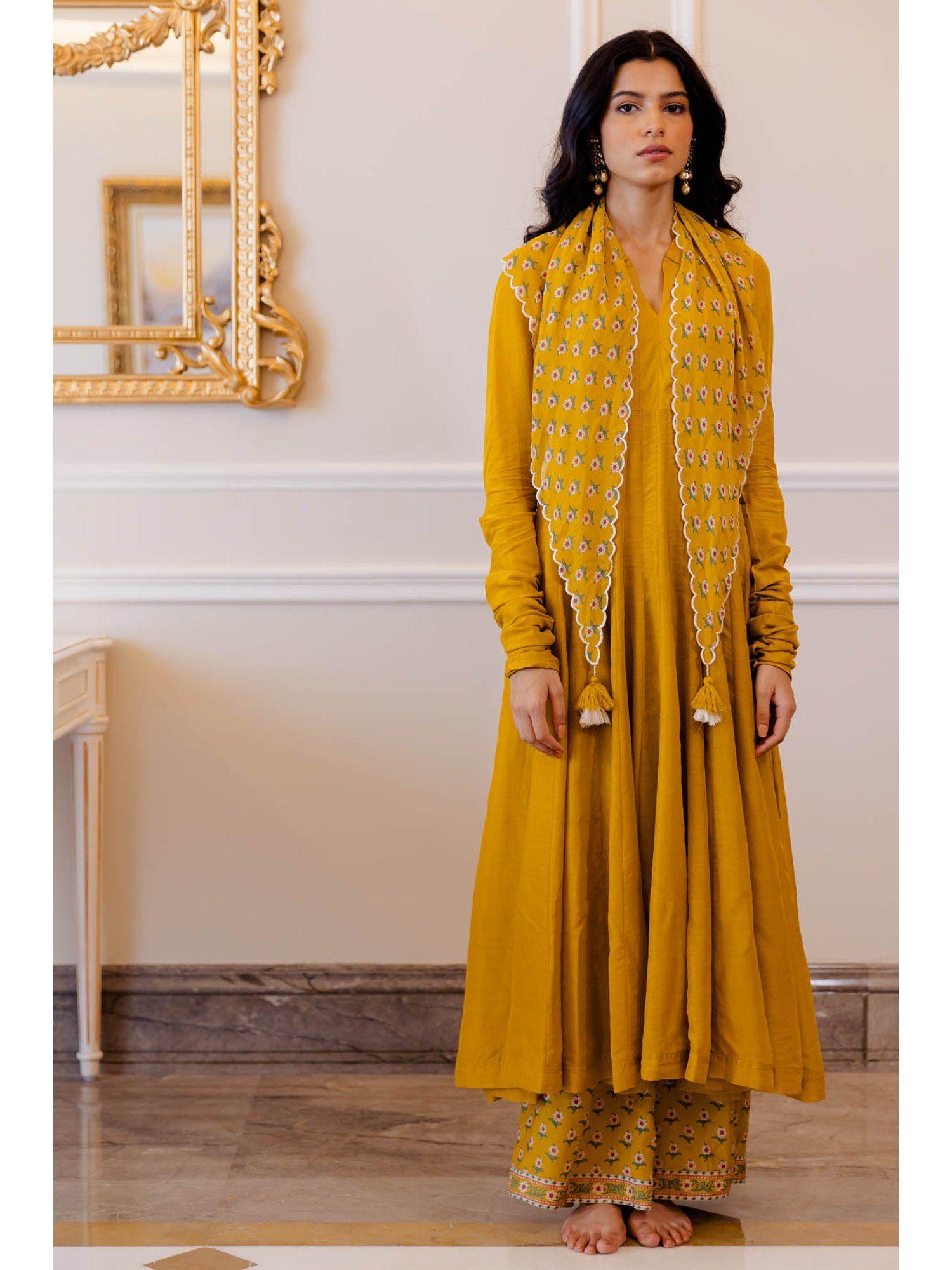 mustard yellow mul chudi sleeved anarkali (set of 3)