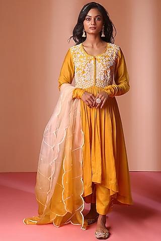 mustard yellow muslin silk hand embroidered anarkali set