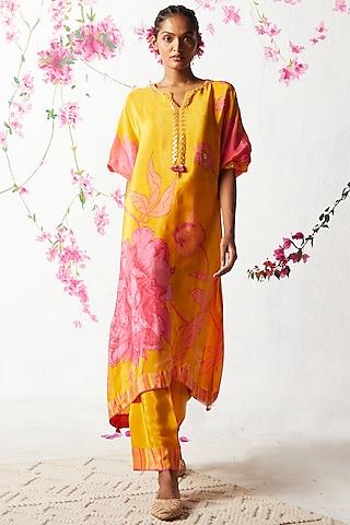 mustard yellow natural crepe embellished kurta set