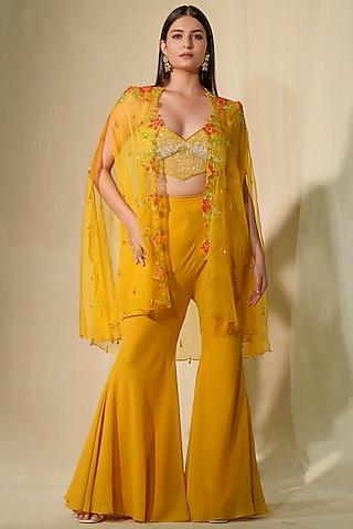 mustard yellow net crystal embroidered cape set