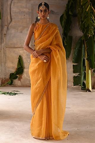 mustard yellow organza & silk zardosi embroidered saree set