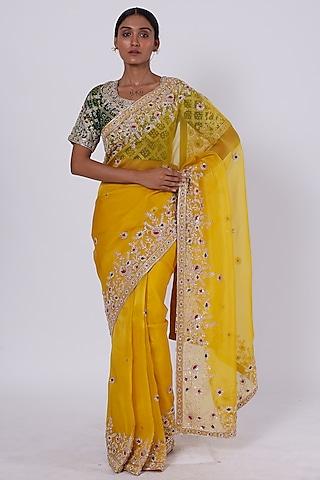 mustard yellow organza embroidered saree set