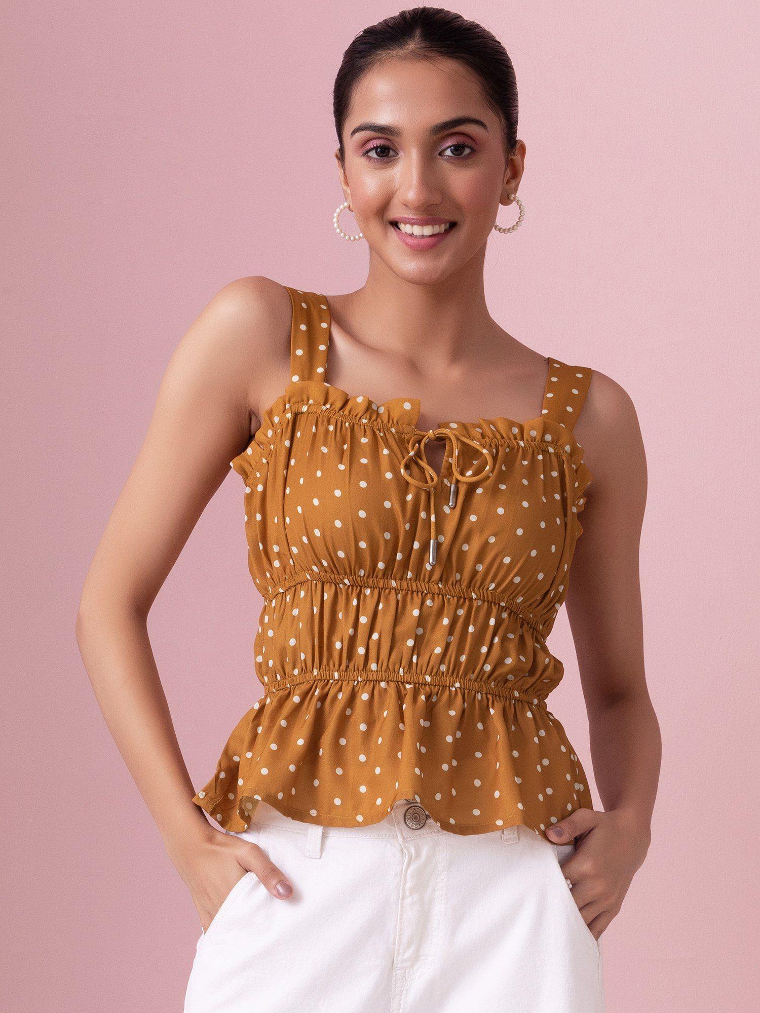 mustard yellow polka dot strappy peplum blouse