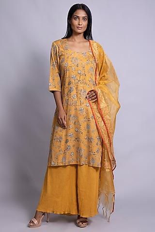 mustard yellow printed & embroidered tunic set