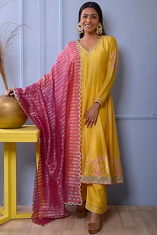 mustard yellow printed anarkali set