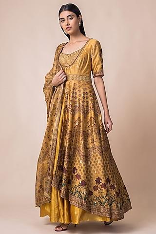 mustard yellow printed banarasi anarkali set