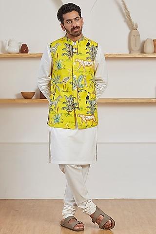 mustard yellow printed bundi jacket