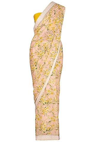 mustard yellow printed embroidered saree set