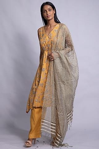 mustard yellow printed kaftan tunic set