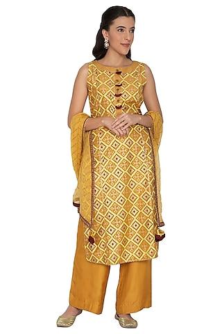 mustard yellow printed kurta set for girls