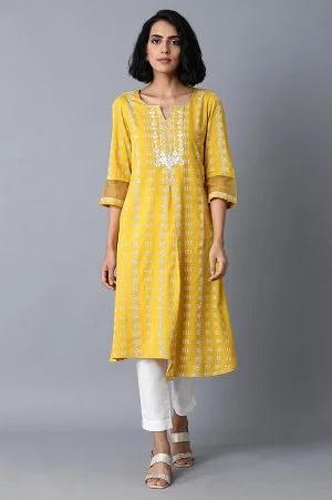 mustard yellow printed straight kurta