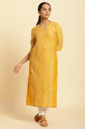 mustard yellow printed straight kurta