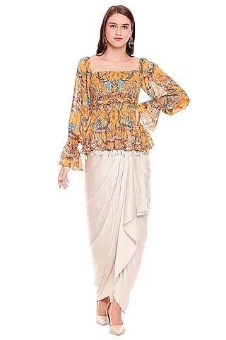 mustard yellow printed top with dhoti skirt