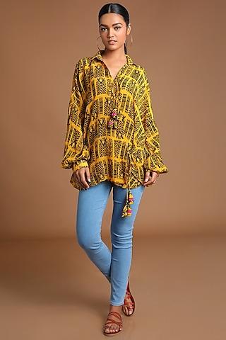 mustard yellow printed wrap shirt