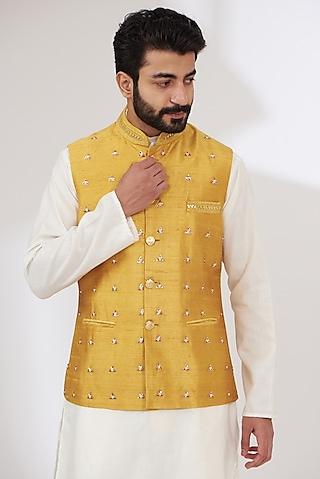 mustard yellow raw silk embroidered nehru jacket