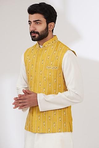 mustard yellow raw silk embroidered nehru jacket