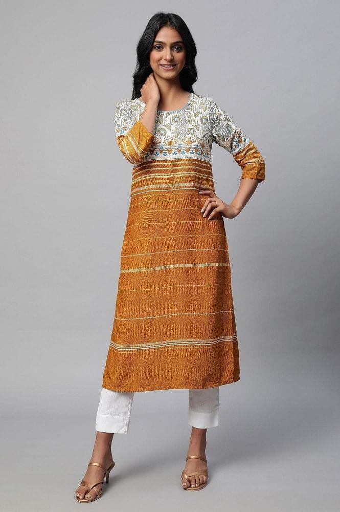 mustard yellow round neck printed kurta