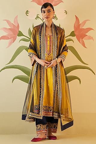 mustard yellow satin gota patti & applique embroidered choga kurta set