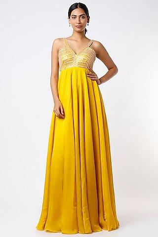 mustard yellow satin organza anarkali