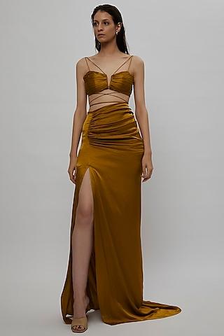 mustard yellow satin skirt set