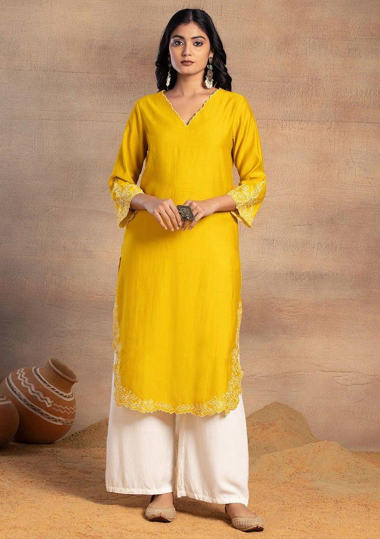 mustard yellow scallop neck embroidered muslin kurta